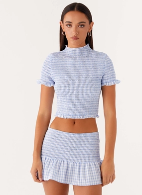 Sweetest Pie T-Shirt - Baby Blue Gingham Reinforced Neckline Detail Water Repellent Coating