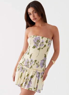 Stylish Silhouette Break From Toronto Linen Mini Dress - Yellow Purple Floral