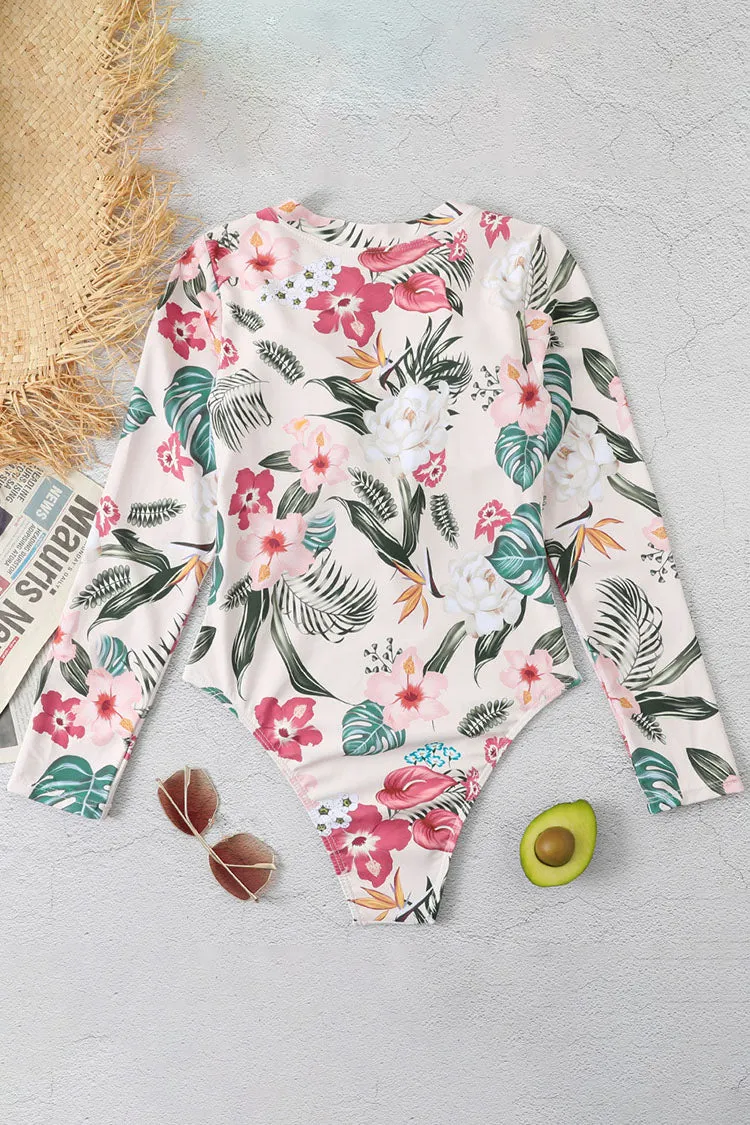 Sweety Pink Floral Zip Long Sleeve UPF50  Rash Guard