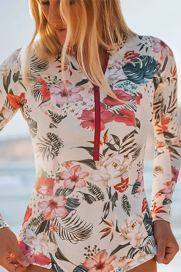 Sweety Pink Floral Zip Long Sleeve UPF50  Rash Guard