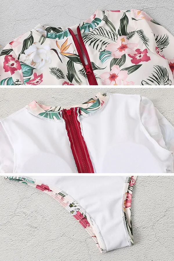 Sweety Pink Floral Zip Long Sleeve UPF50  Rash Guard