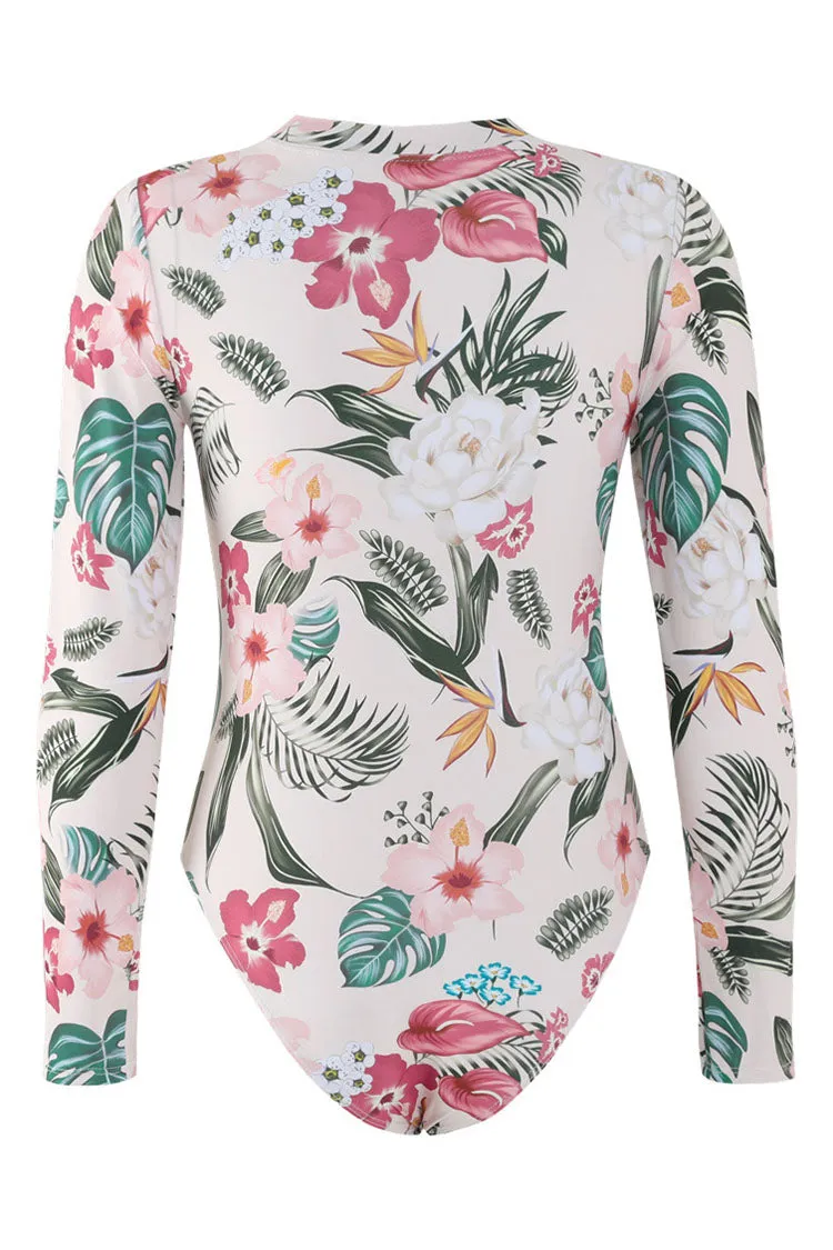 Sweety Pink Floral Zip Long Sleeve UPF50  Rash Guard