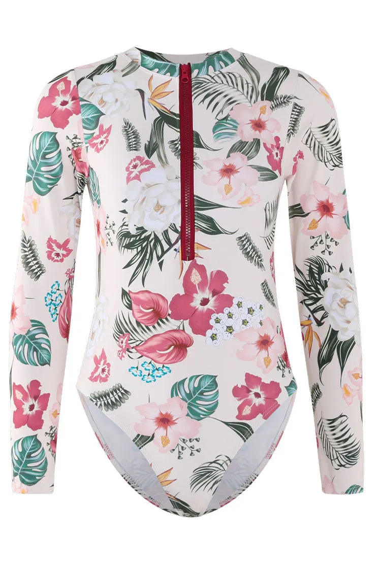 Sweety Pink Floral Zip Long Sleeve UPF50  Rash Guard