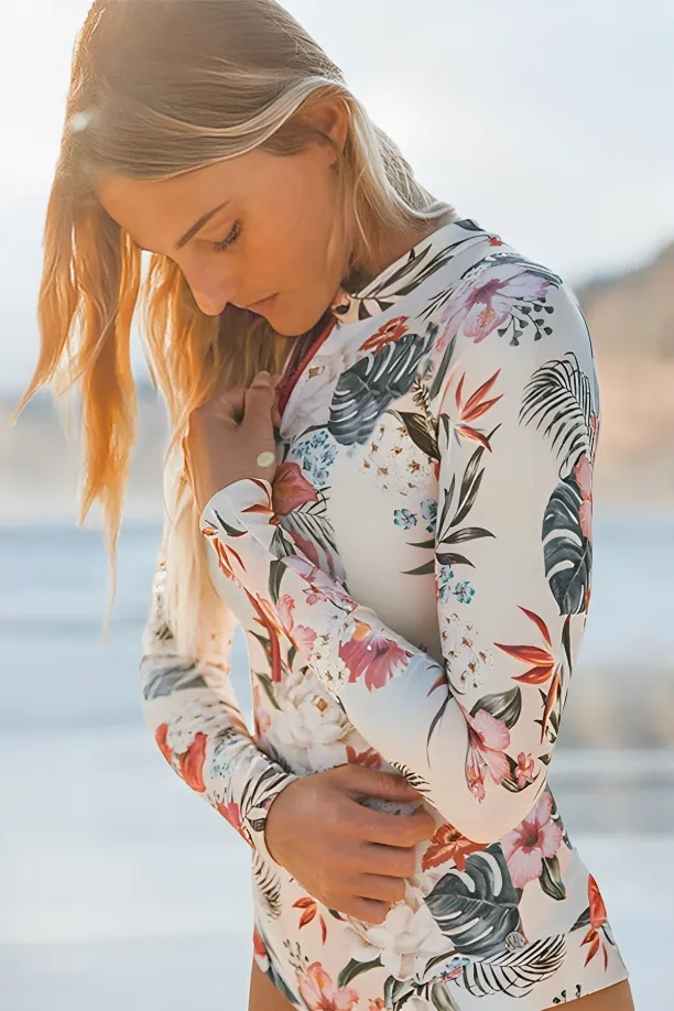 Sweety Pink Floral Zip Long Sleeve UPF50  Rash Guard