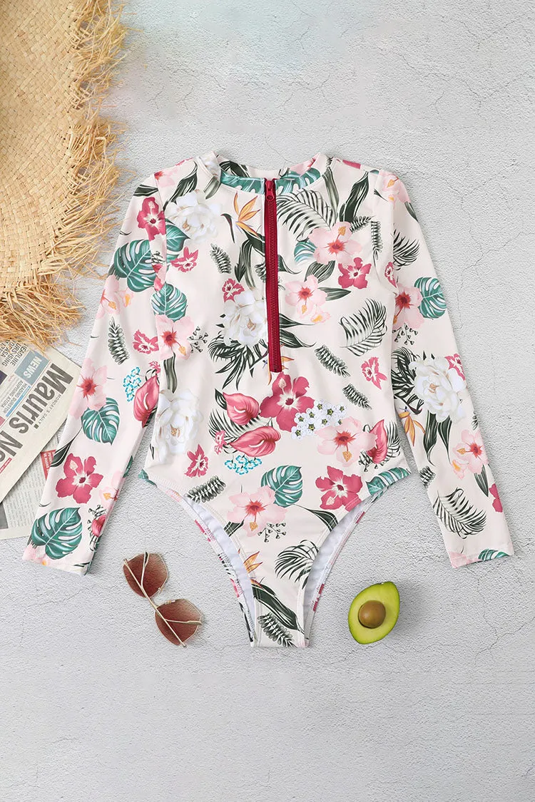 Sweety Pink Floral Zip Long Sleeve UPF50  Rash Guard