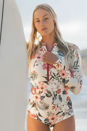 Sweety Pink Floral Zip Long Sleeve UPF50  Rash Guard