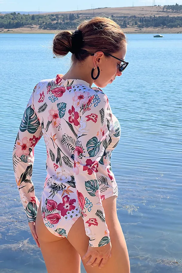 Sweety Pink Floral Zip Long Sleeve UPF50  Rash Guard