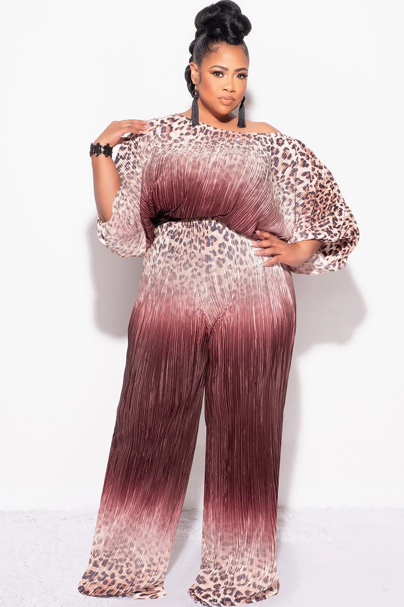 EcoFriendlyDye TaglessLabel Final Size 2pc Pleated Off the Shoulder ColorBlock Top and Pants Set in Animal Print and Brown