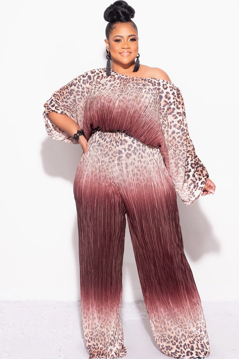 Compact Fit NonIrritatingStitching Final Size 2pc Pleated Off the Shoulder ColorBlock Top and Pants Set in Animal Print and Brown