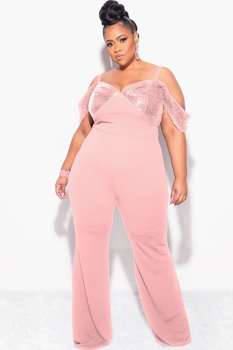 Four Way Stretch NonToxicCoating Final Sale Plus Size Off The Shoulder Faux Wrap Sequin Jumpsuit Mauve Pink