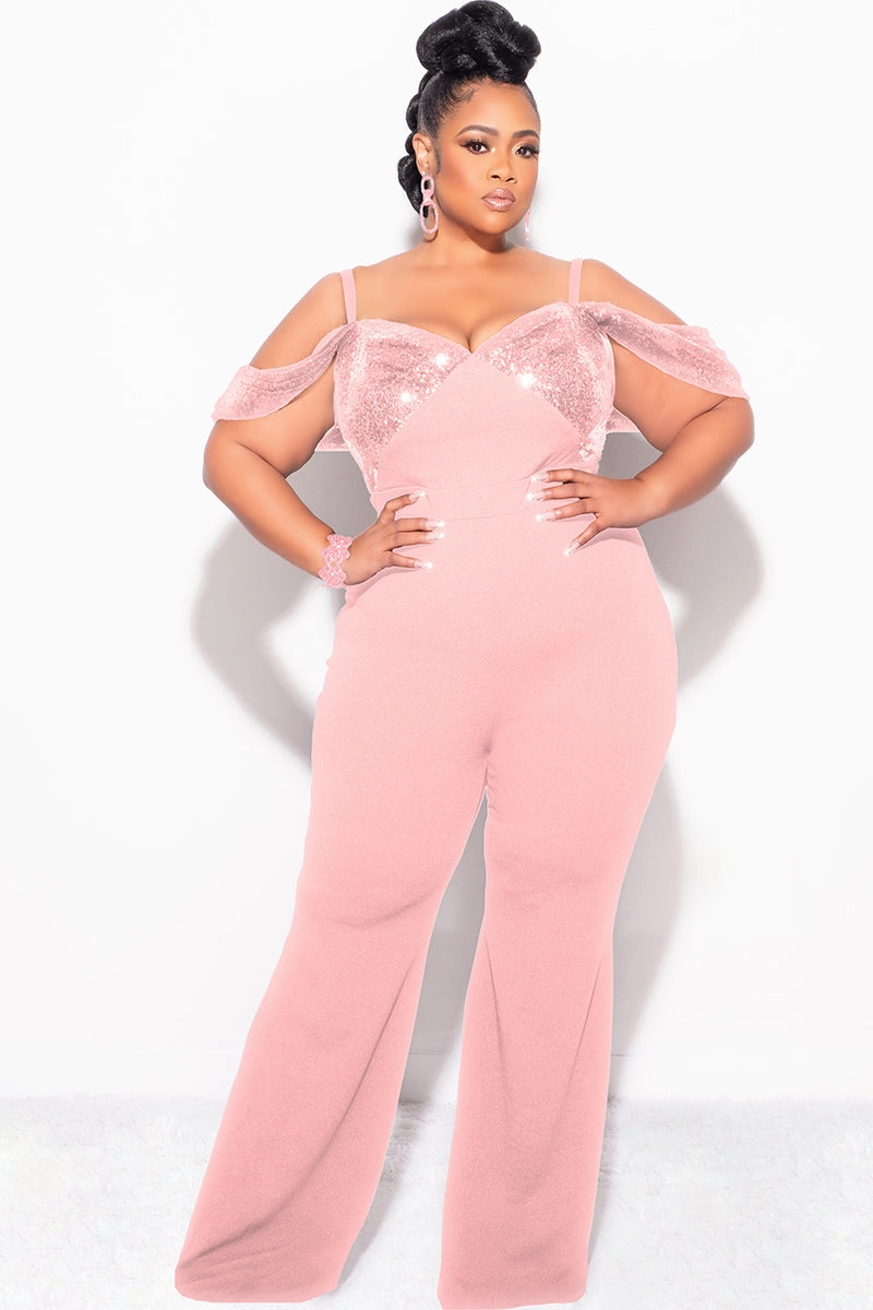 Final Sale Plus Size Off The Shoulder Faux Wrap Sequin Jumpsuit Mauve Pink AdjustableCuffSystem