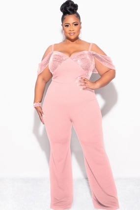 Elegant Cut UniversalFit Final Sale Plus Size Off The Shoulder Faux Wrap Sequin Jumpsuit Mauve Pink