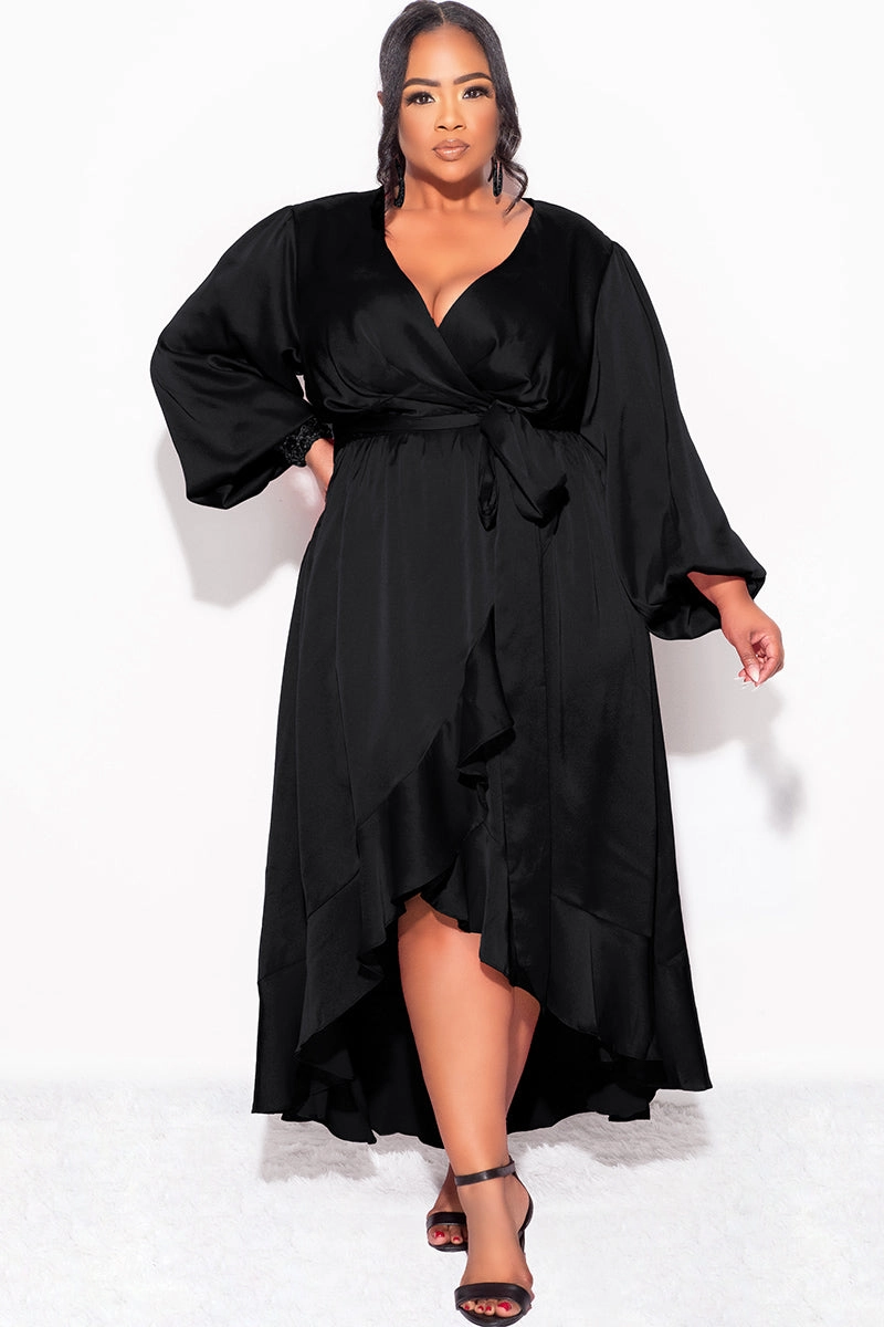 Final Sale Plus Size Faux Wrap Satin High-Low Dress with Waist Tie in Black Ribbed Trim WrinkleFree Weave