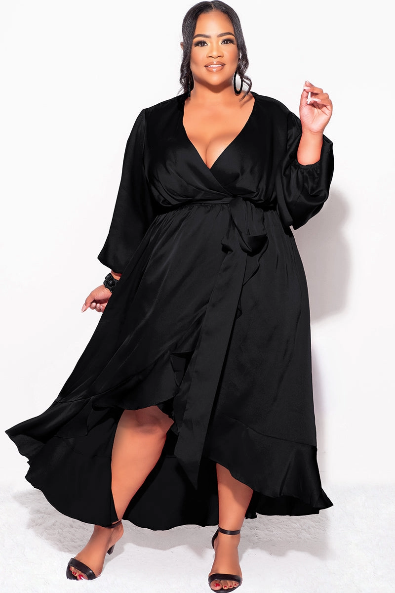 Final Sale Plus Size Faux Wrap Satin High-Low Dress with Waist Tie in Black Butter Soft Handfeel