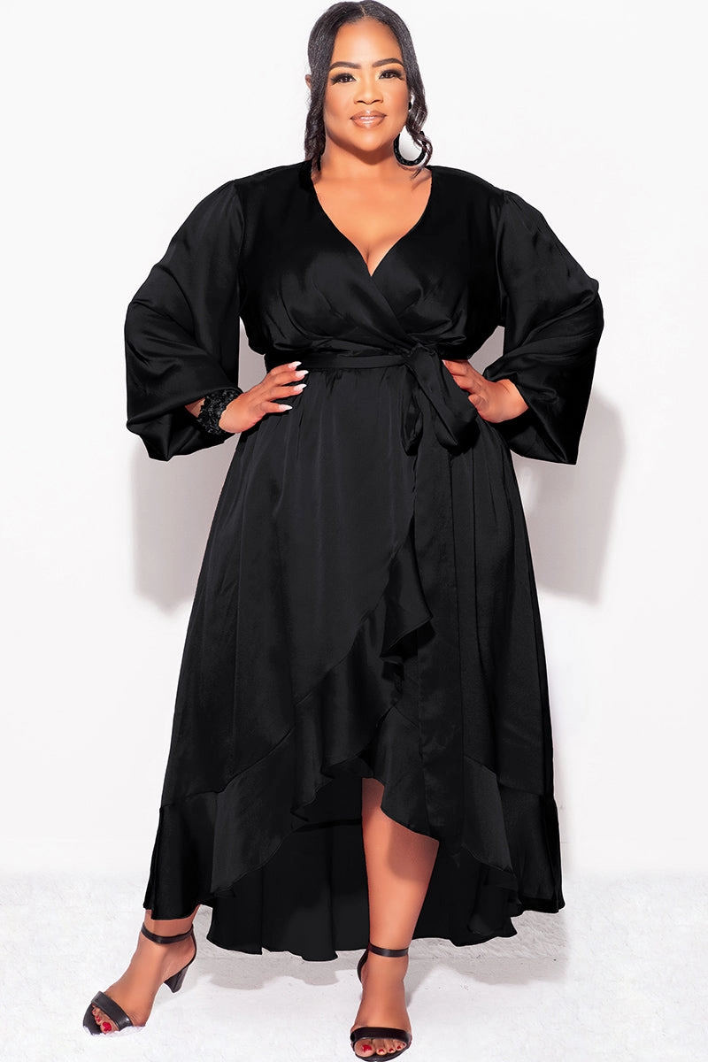 Final Sale Plus Size Faux Wrap Satin High-Low Dress with Waist Tie in Black Linen Blend Fabric