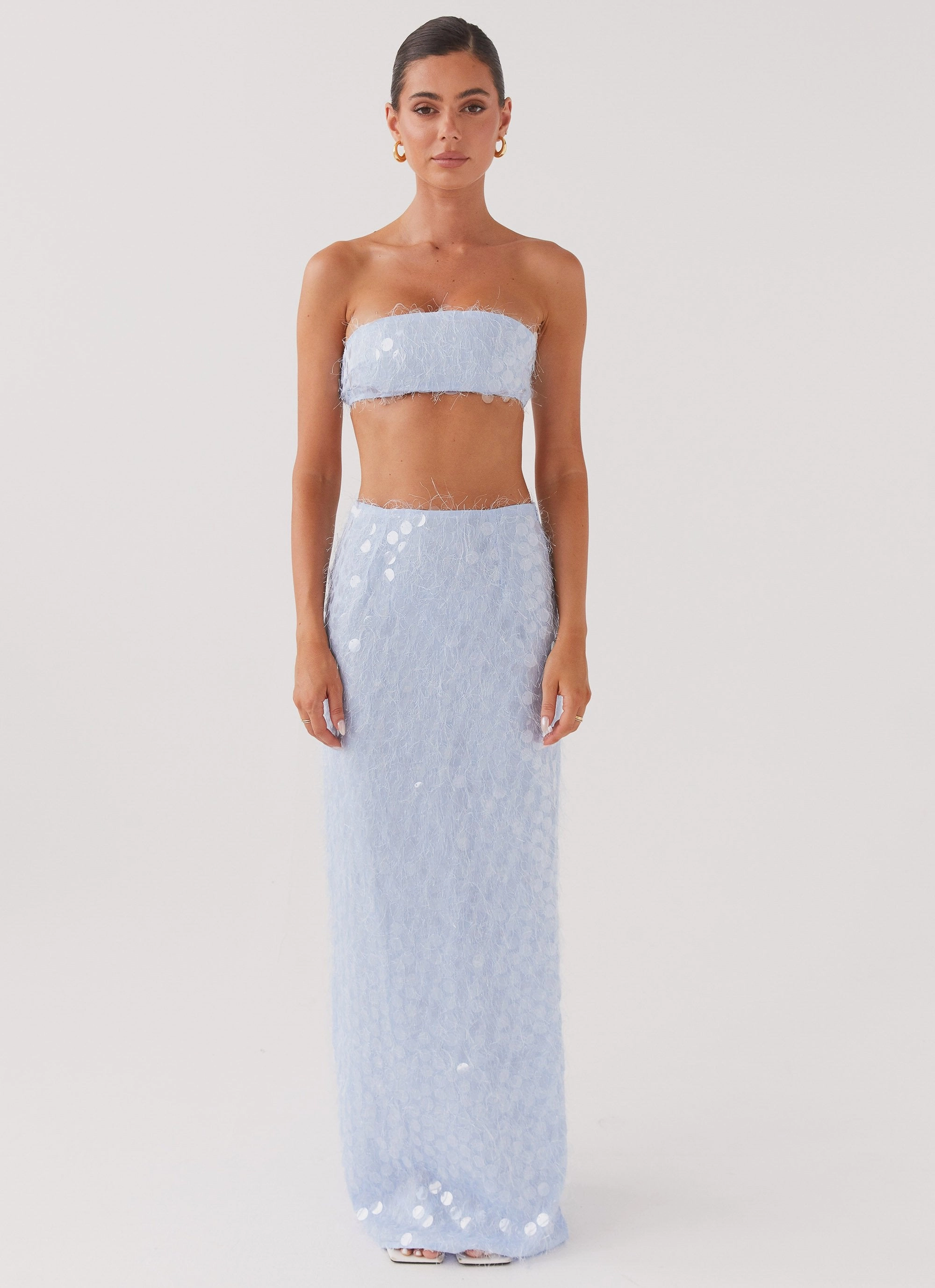 Friction Reducing Finish Tubular Body Construction Kyleigh Textured Sequin Bandeau Top - Lavender Mist