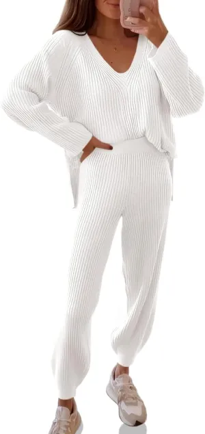 Tankaneo Womens Knit Sets Oversized V Neck Sweaters and Wide Leg Pants Fall Loungewear Trendy 2 Piece Outfits