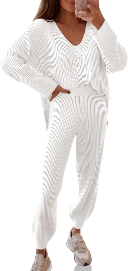 Tankaneo Womens Knit Sets Oversized V Neck Sweaters and Wide Leg Pants Fall Loungewear Trendy 2 Piece Outfits