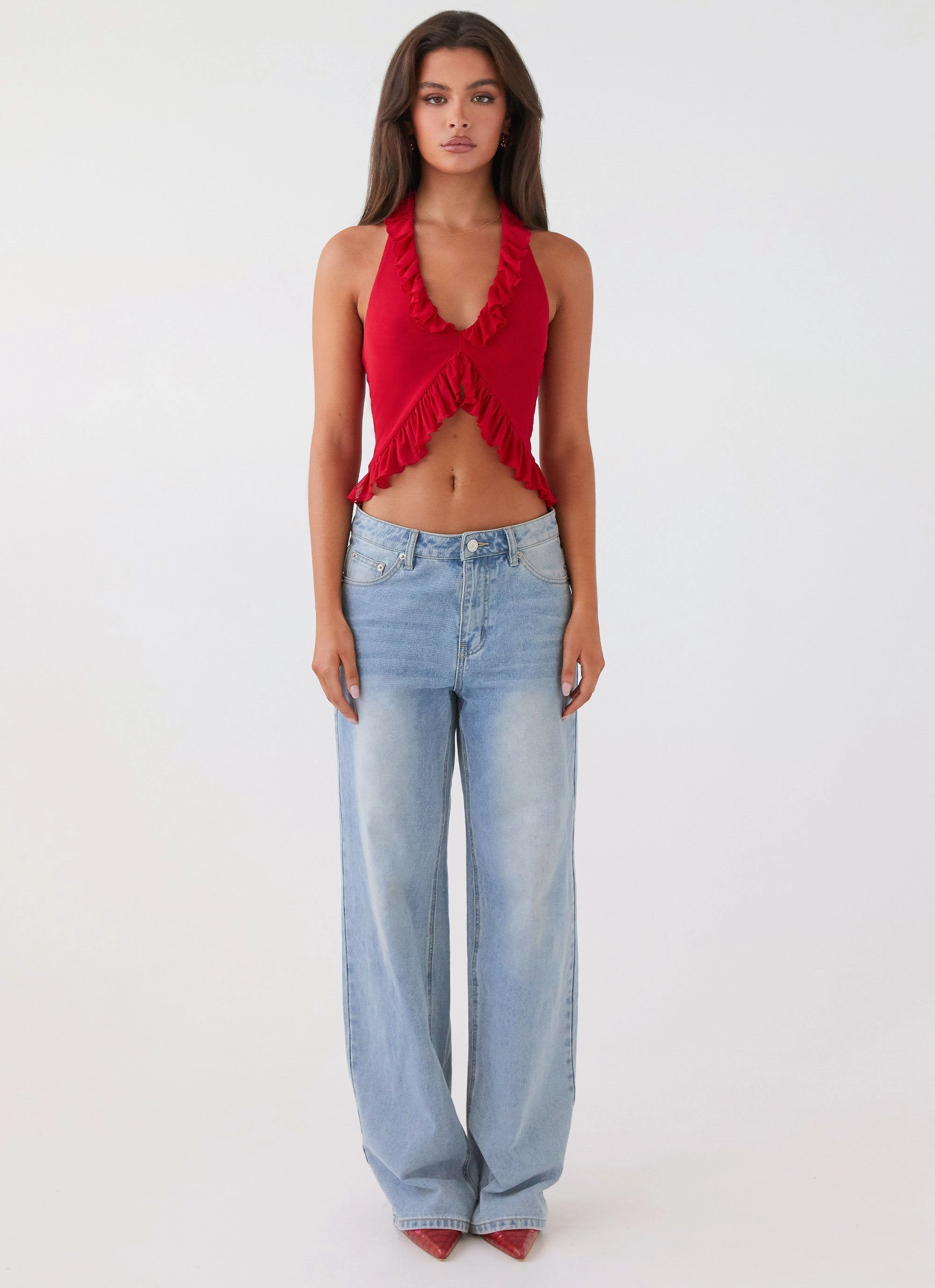 Flexible Knit Fabric Four Way Stretch Tanya Mesh Frill Top - Red