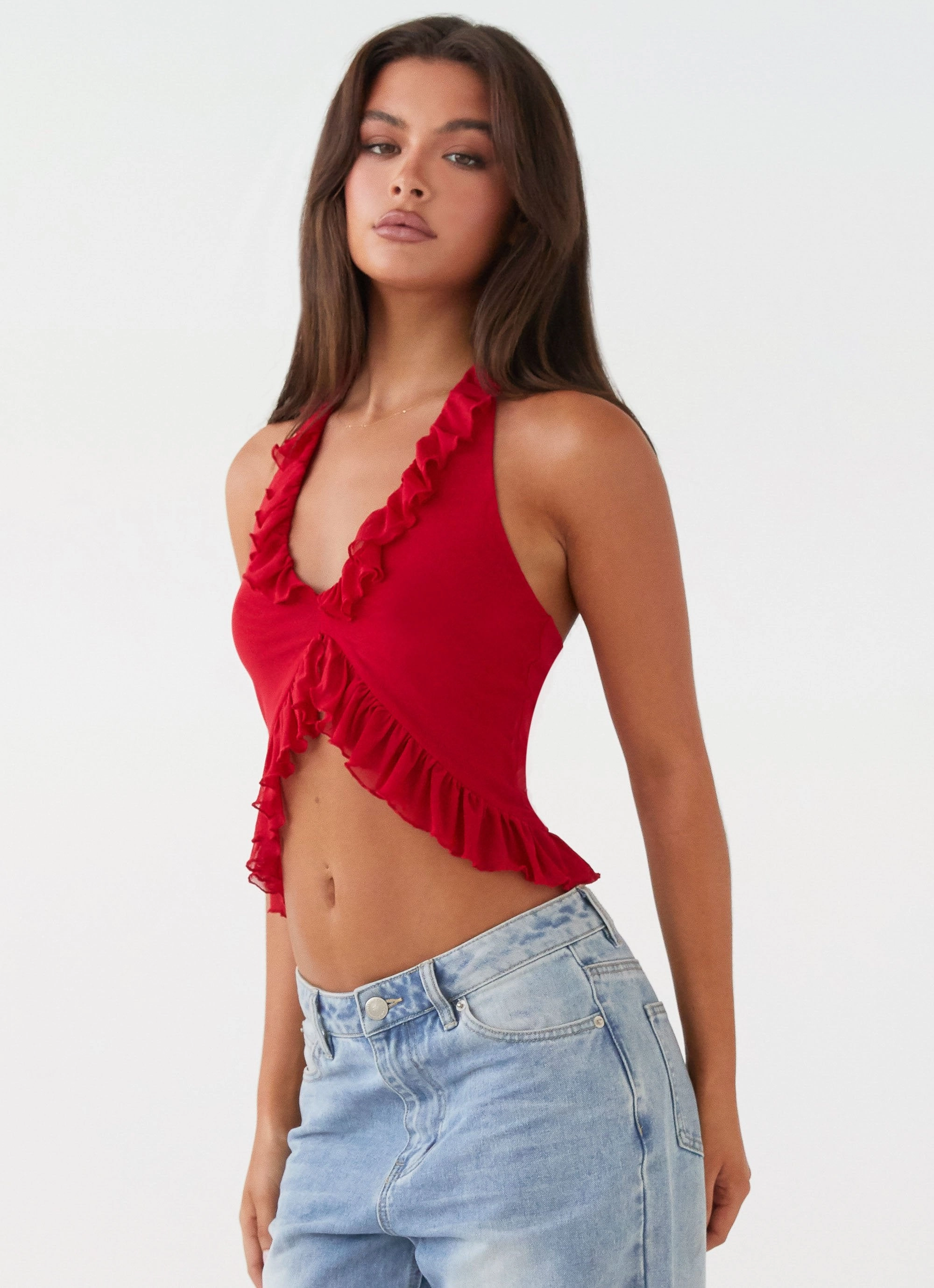Tanya Mesh Frill Top - Red Unstructured Fit Lightweight insulation