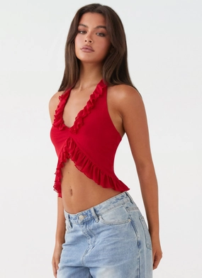 Tanya Mesh Frill Top - Red Unstructured Fit Lightweight insulation