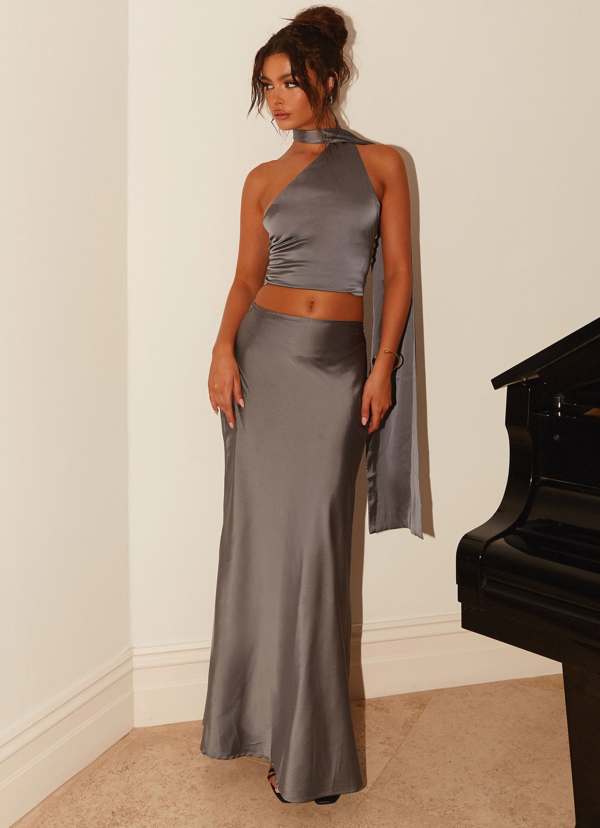 Stitched Look Josefina Satin Maxi Skirt - Slate