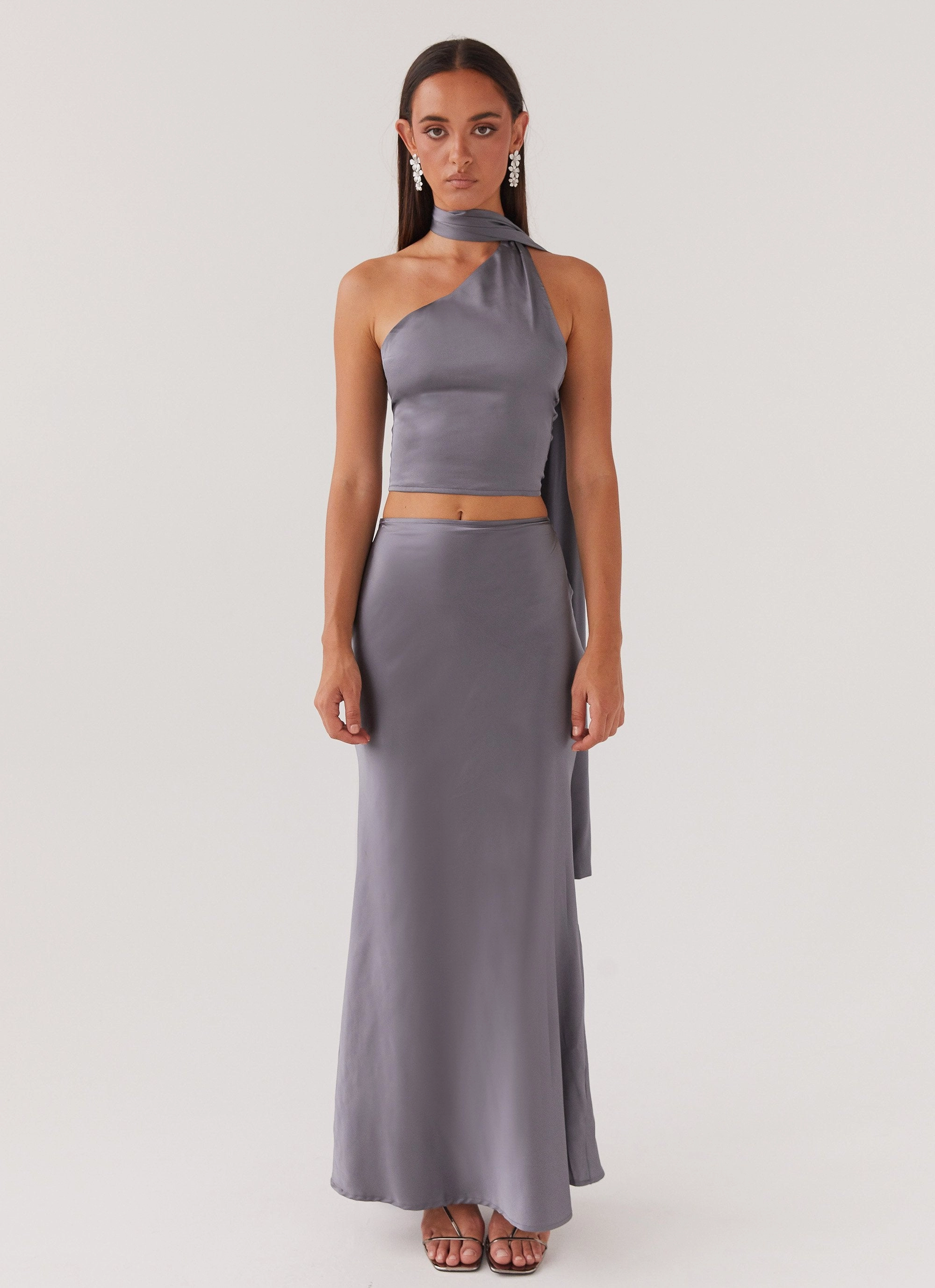 Josefina Satin Maxi Skirt - Slate Glow In Dark Trims