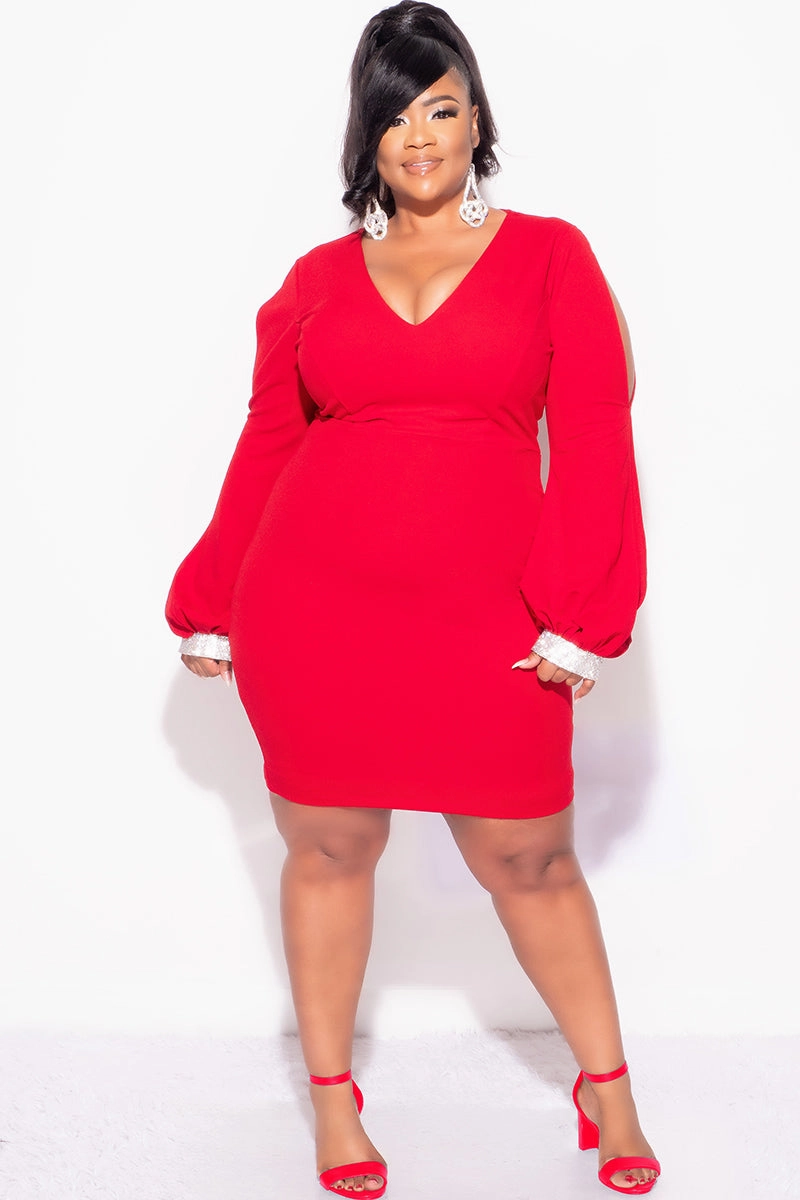 Final Sale Plus Size BodyCon Dress with Slit Sleeves and Rhinestone Cuff in Red Modular Pocket Layout Soft Cotton Blend