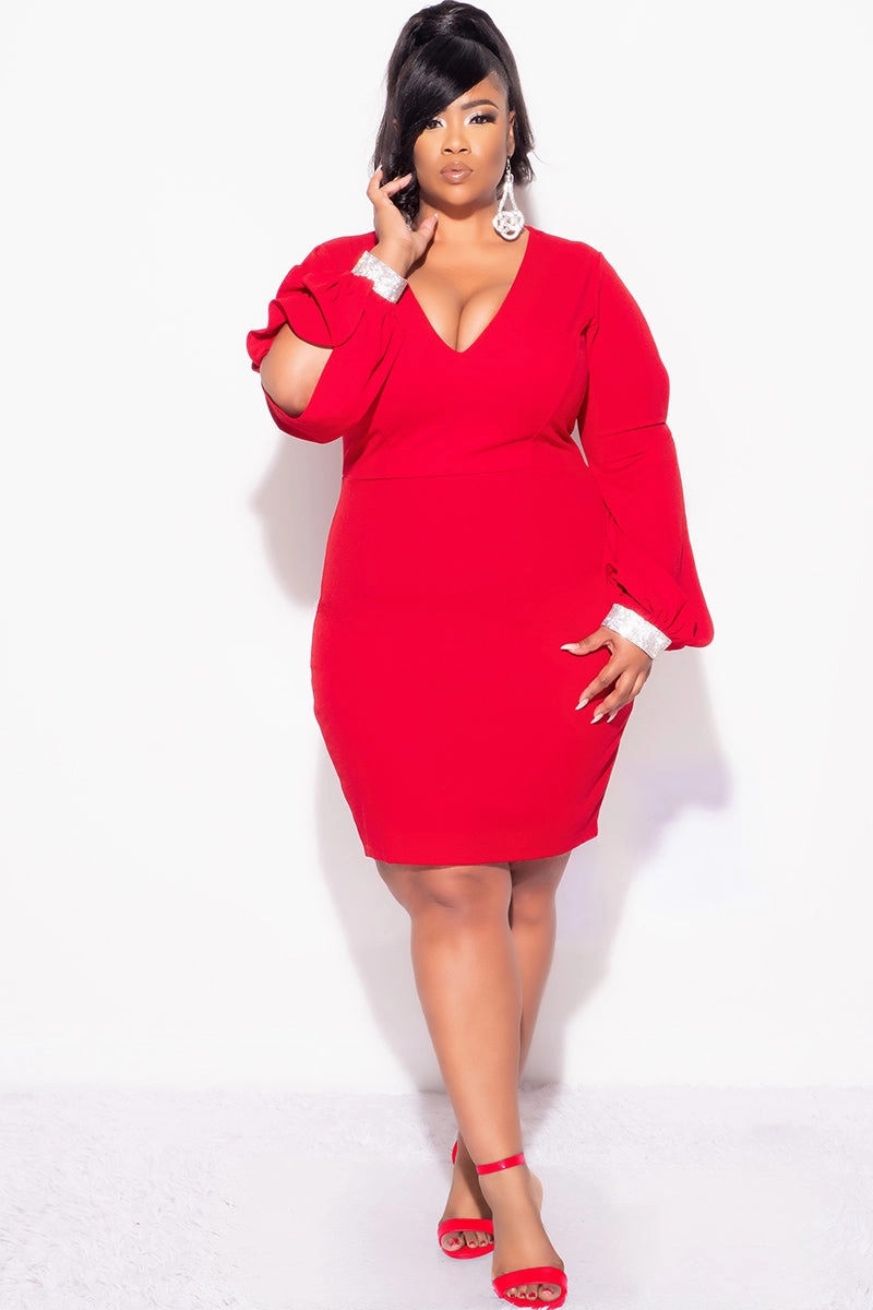 Final Sale Plus Size BodyCon Dress with Slit Sleeves and Rhinestone Cuff in Red Lightweight Material AllPurposeWear