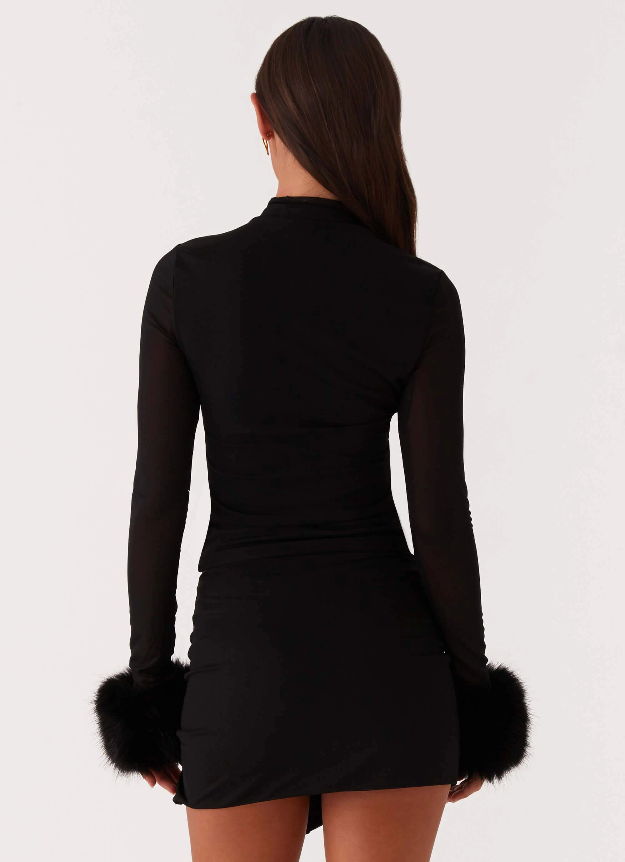 HighStretchElastic Tayanna Fur Trim Long Sleeve Top - Black