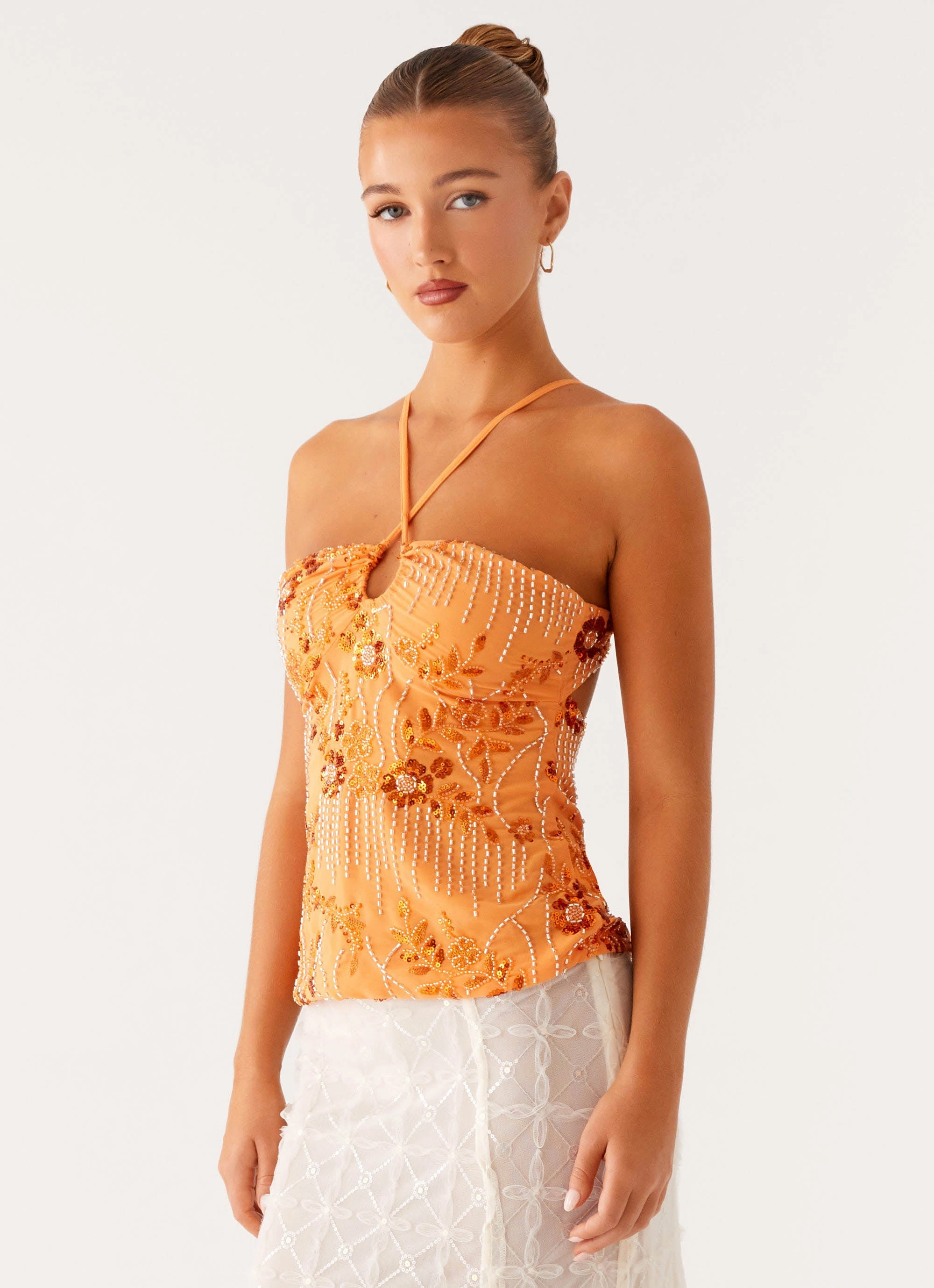 Breathable mesh Abrasion Resistant Surface Catalina Sequin Top - Orange