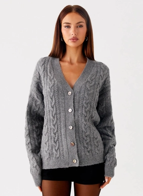 Urban Outdoor Look Glossy Finish Frawley Cable Knit Cardigan - Grey