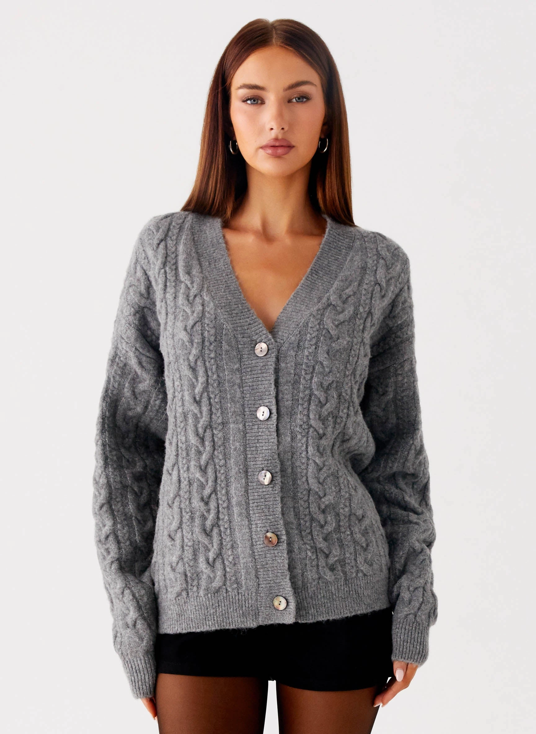 Urban Outdoor Look Glossy Finish Frawley Cable Knit Cardigan - Grey