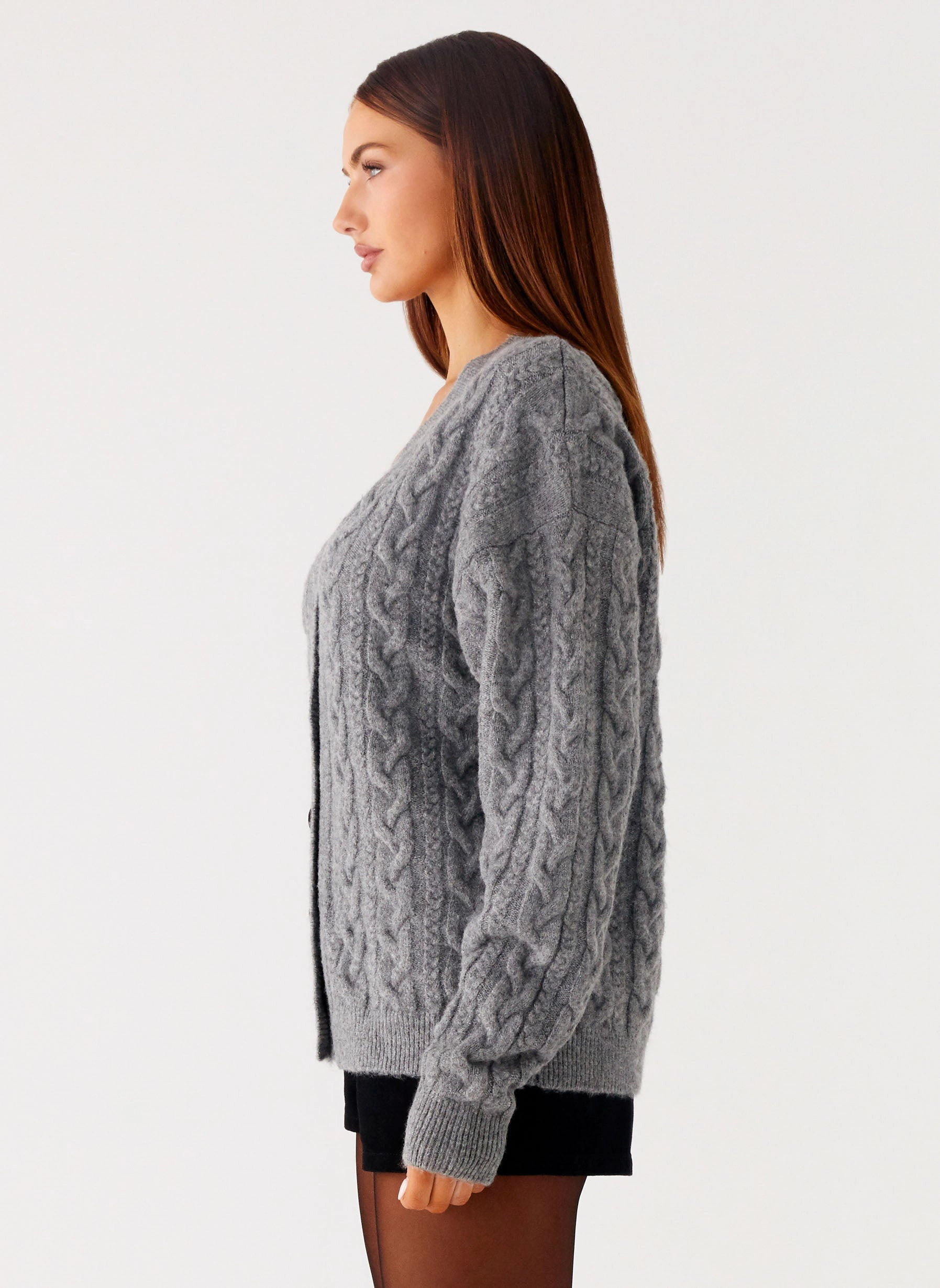 Down Stuffed Mild Day Outfit Frawley Cable Knit Cardigan - Grey