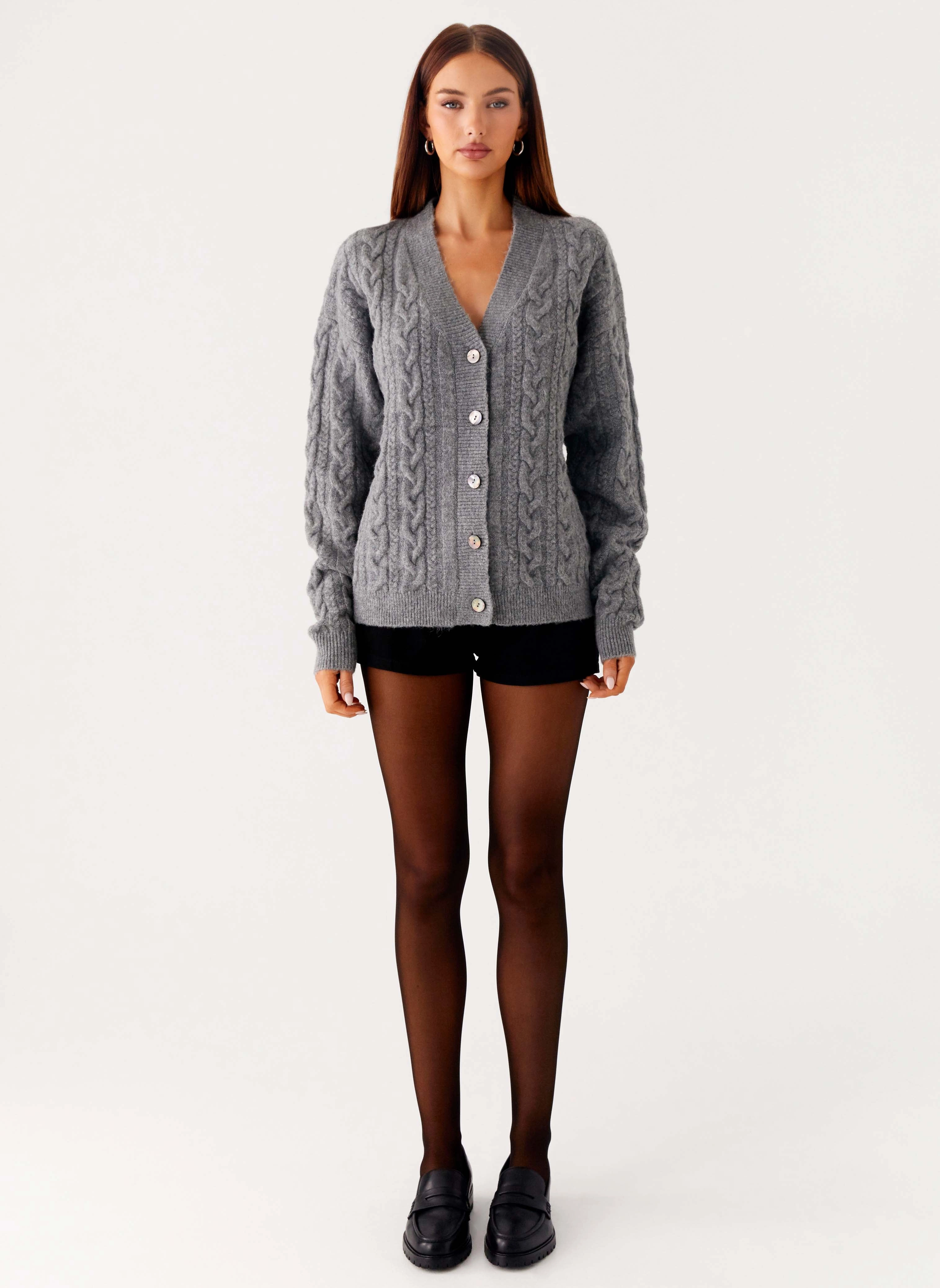 Organic Cotton Blend Packable Feature Frawley Cable Knit Cardigan - Grey