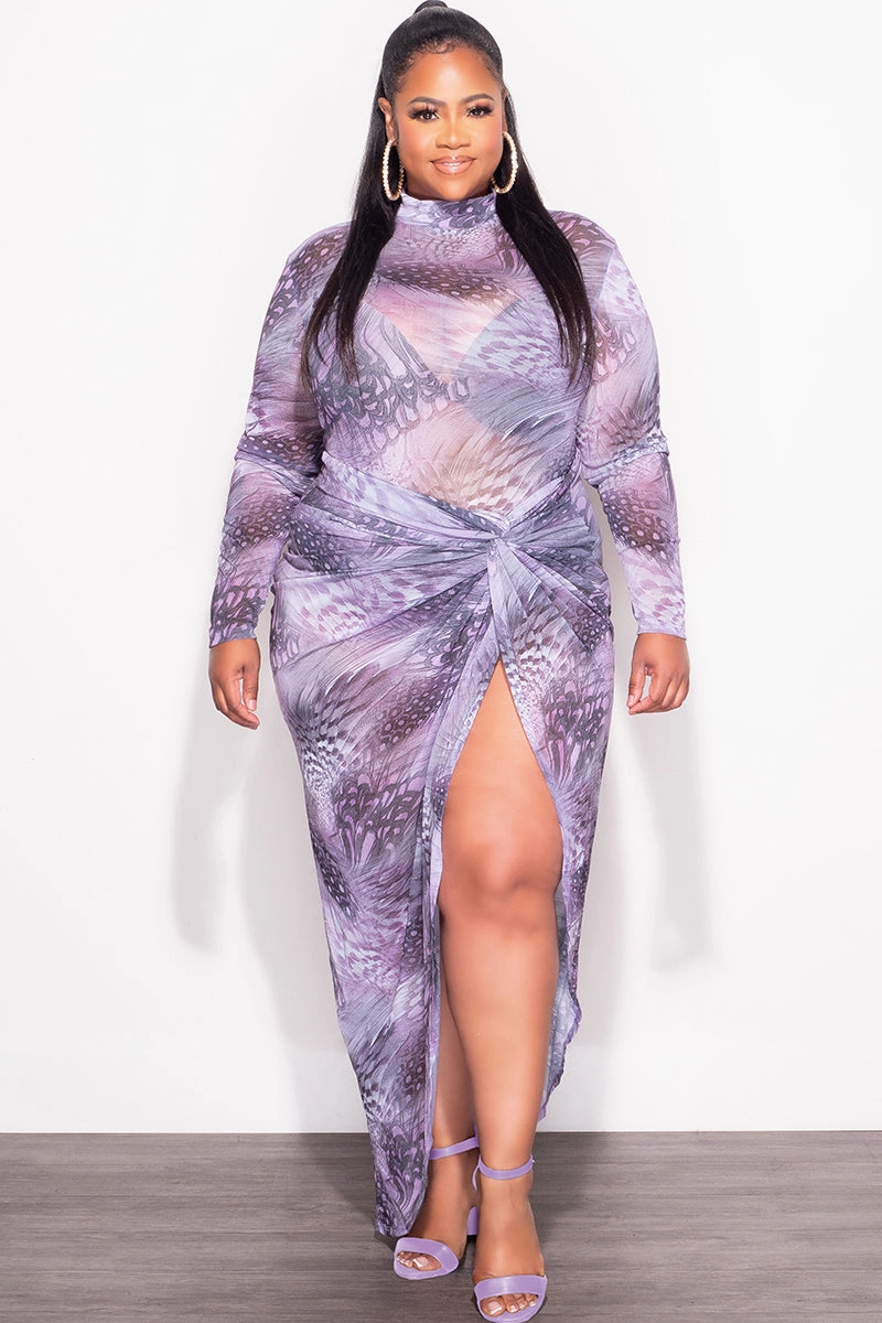 Final Sale Plus Size 2-Pc Mesh Set with Bodysuit & High Split Skirt in Purple Print Print Gripper Waistband Premium Look