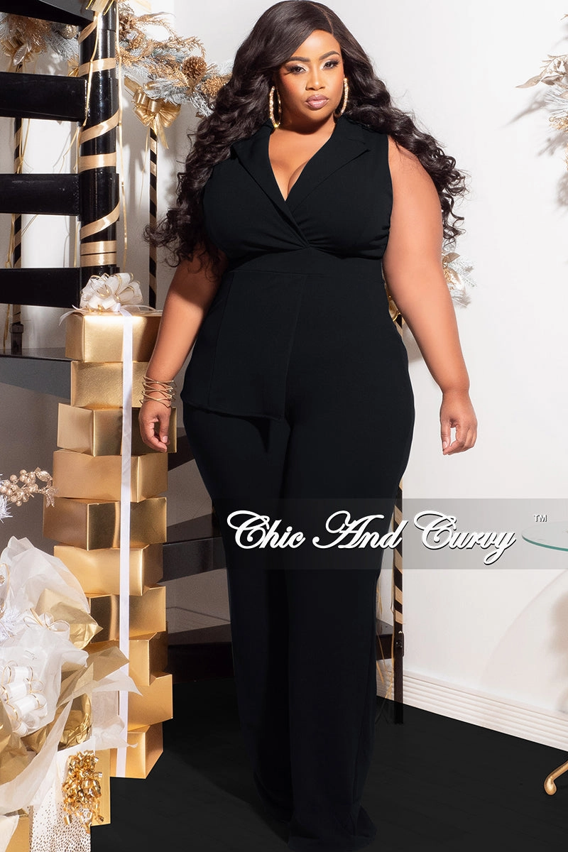 StaticResistant Material Final Sale Plus Size Collar Sleeveless Jumpsuit in Black