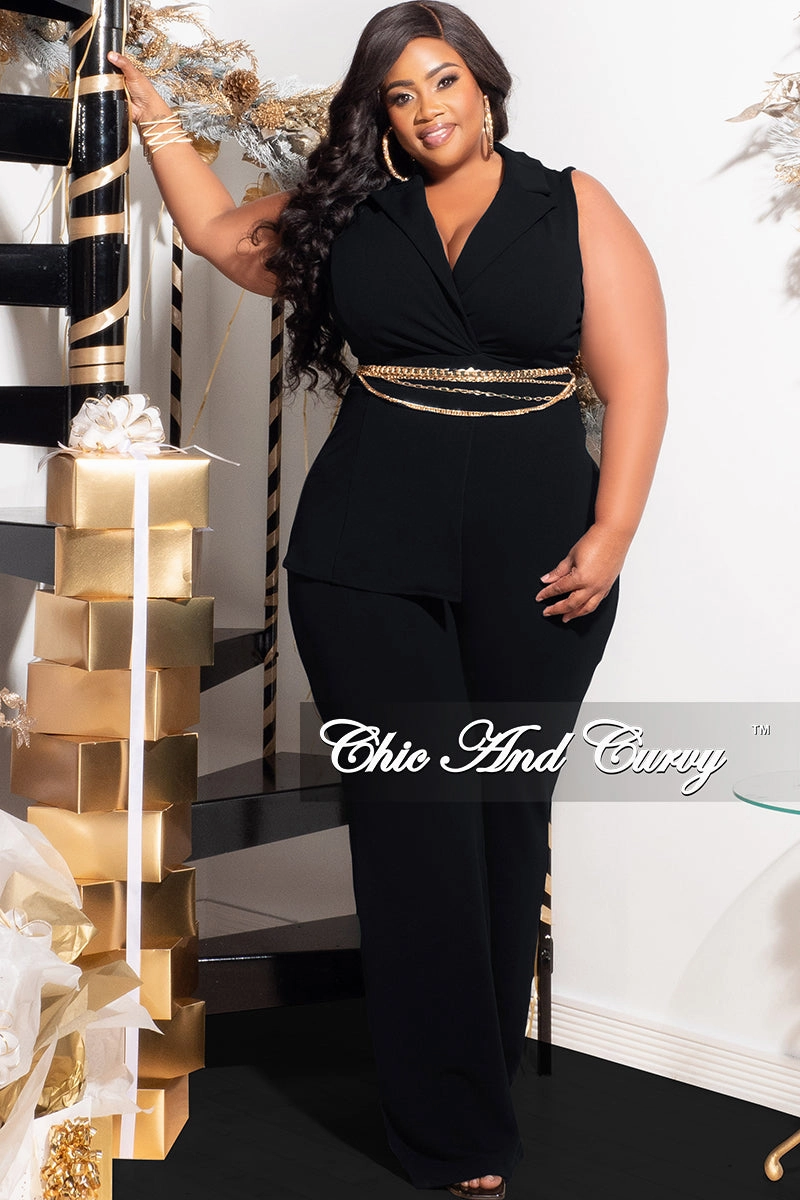 Final Sale Plus Size Collar Sleeveless Jumpsuit in Black EcoDyeProcess Sporty Design