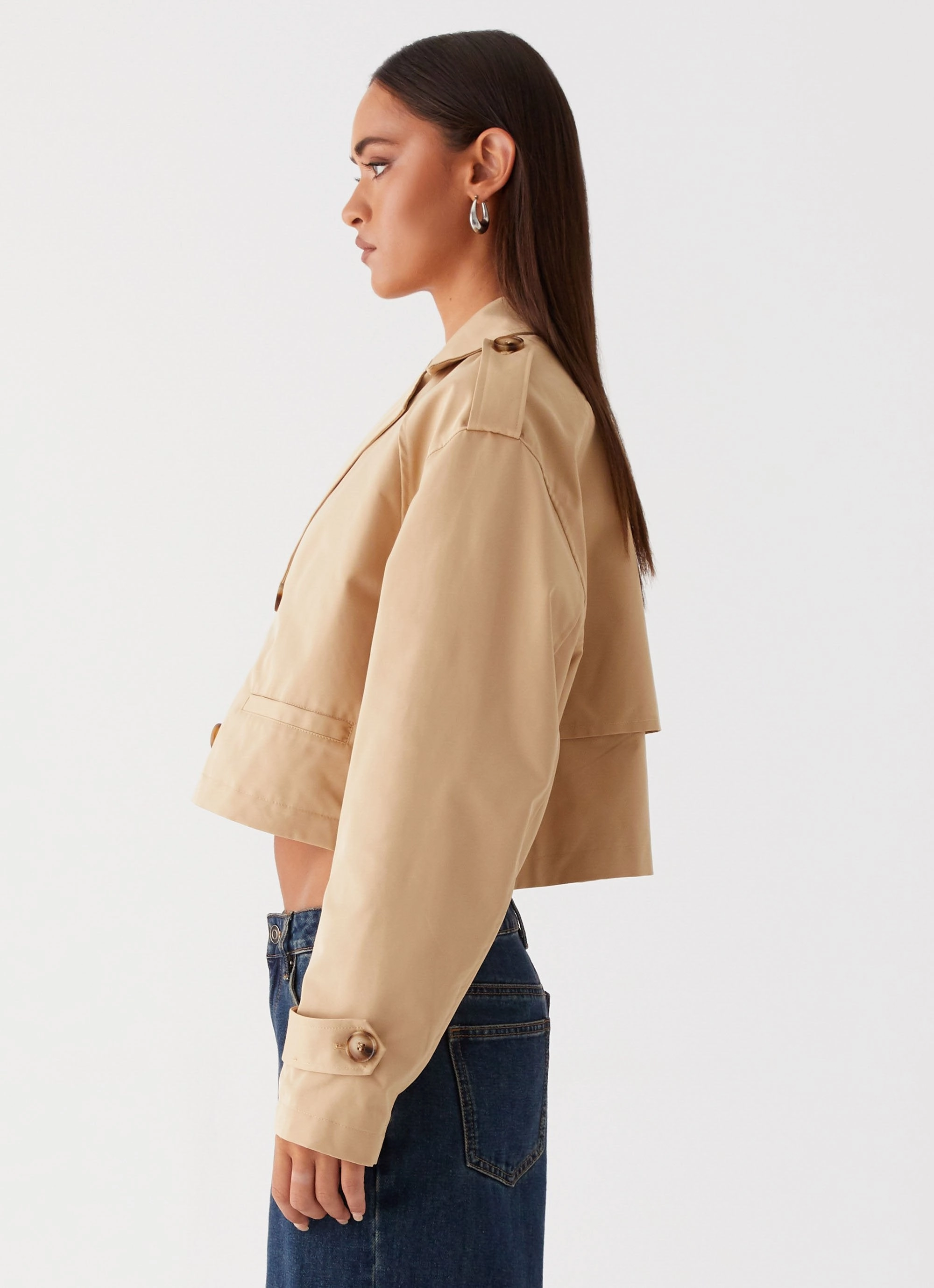 Tear Resistant Knit Teddie Cropped Trench Coat - Camel