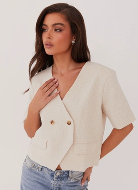 DetachableLining Hacienda Linen Short Sleeve Blazer - Oatmeal
