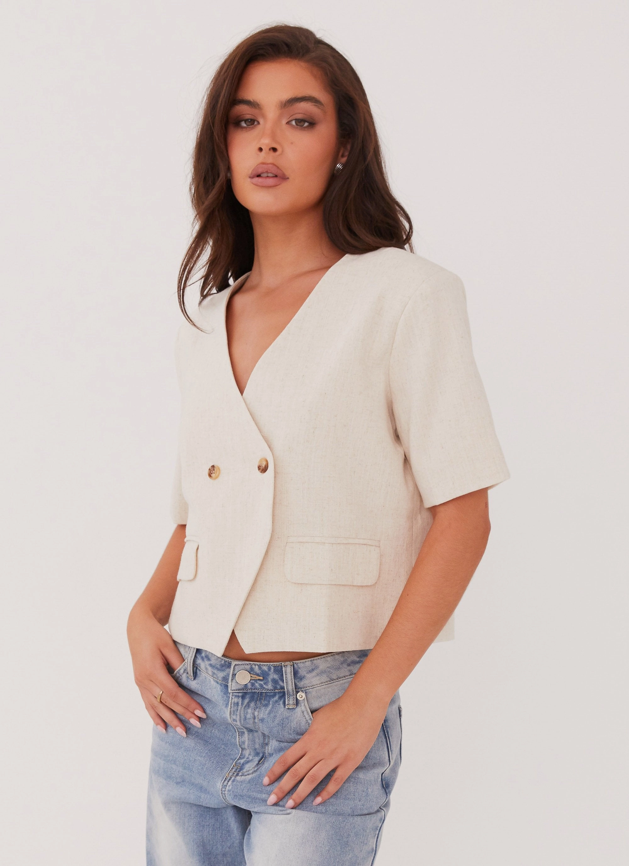 Hacienda Linen Short Sleeve Blazer - Oatmeal Stretch Cloth