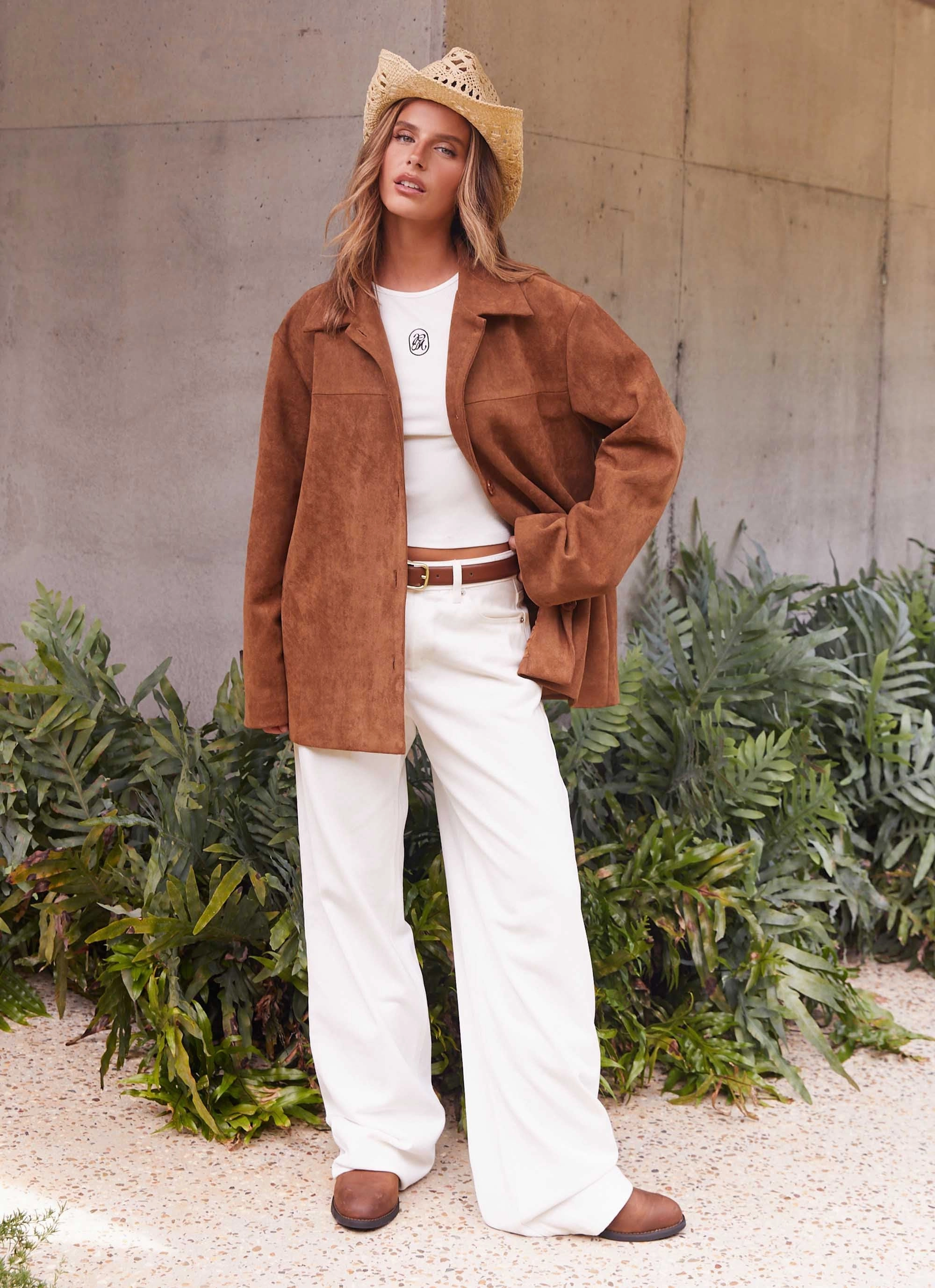 Devika Faux Suede Boxy Jacket - Brown Non Iron Fabric Tech Tear Resistant Panels