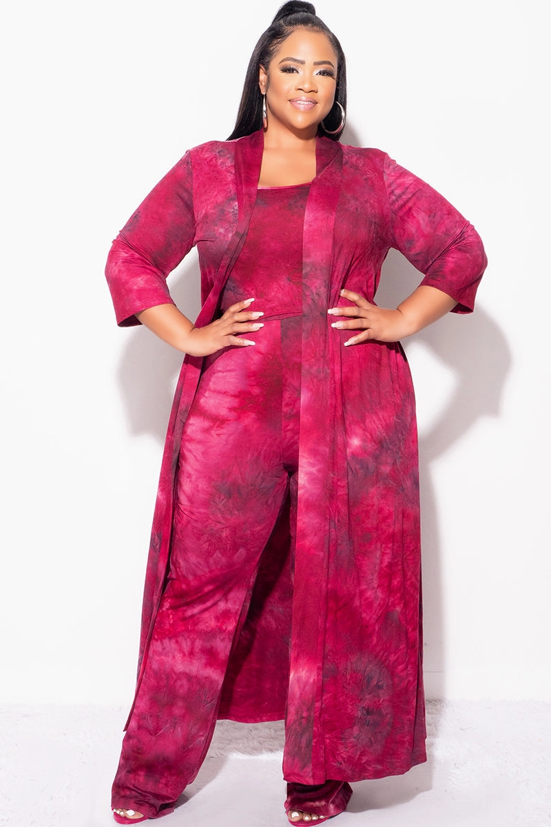 Flex Wear Final Sale Plus Size 3pc Set Duster, Tank, & Pants in Burgundy Tie Dye
