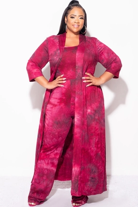 Flex Wear Final Sale Plus Size 3pc Set Duster, Tank, & Pants in Burgundy Tie Dye
