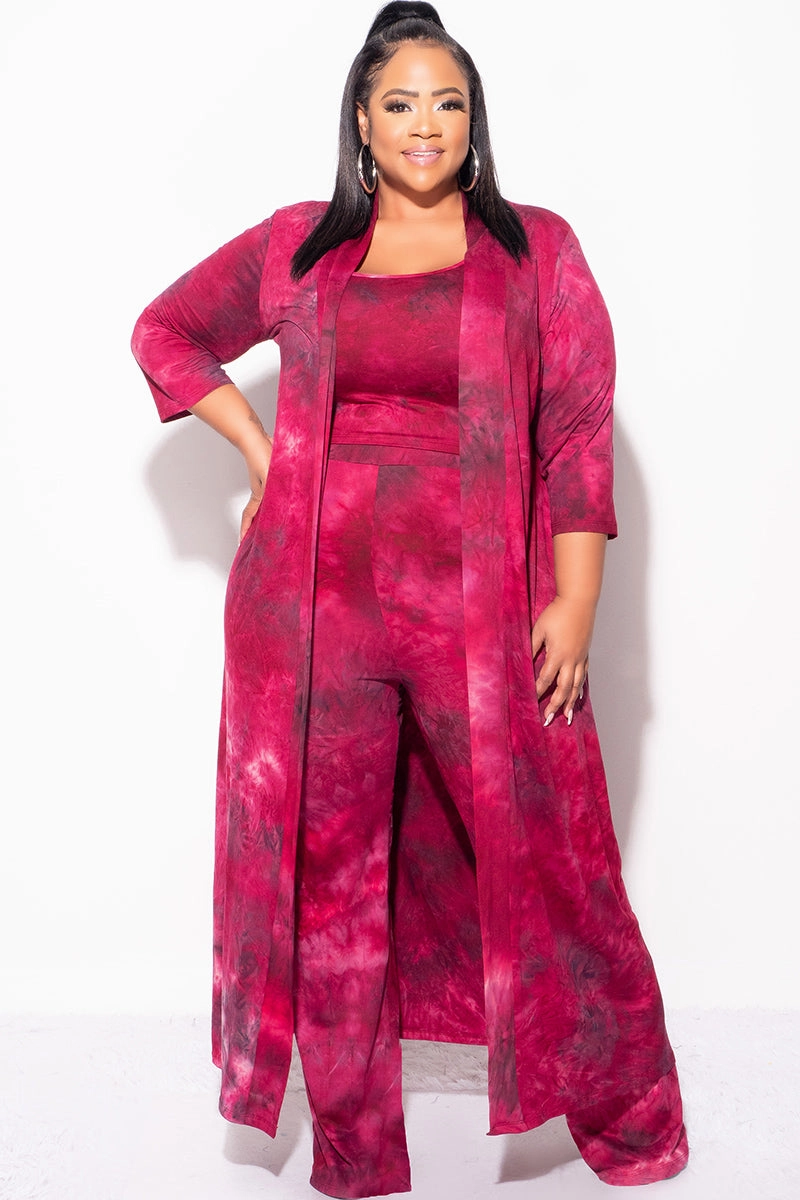 Shape Flex Final Sale Plus Size 3pc Set Duster, Tank, & Pants in Burgundy Tie Dye
