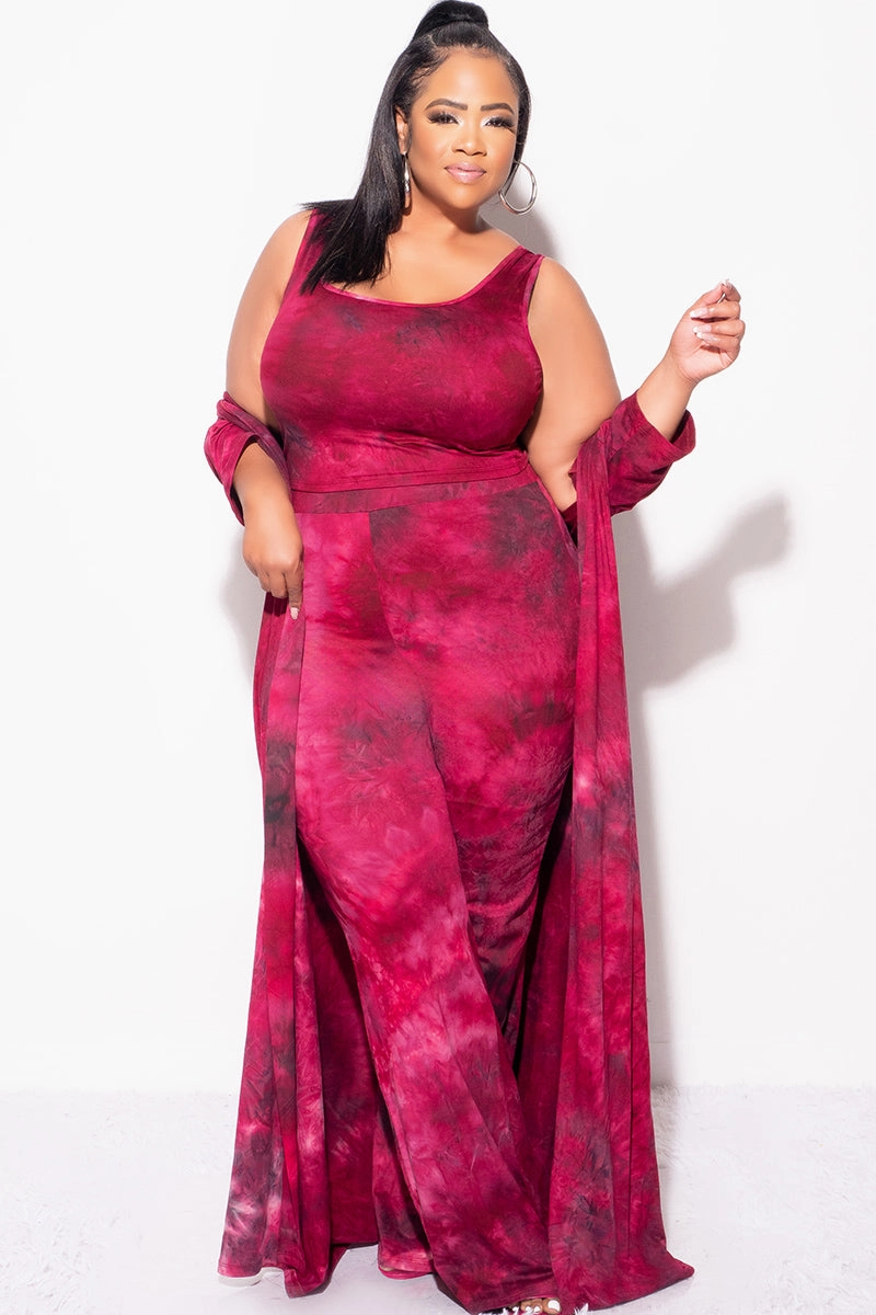 Final Sale Plus Size 3pc Set Duster, Tank, & Pants in Burgundy Tie Dye DurablePolyester