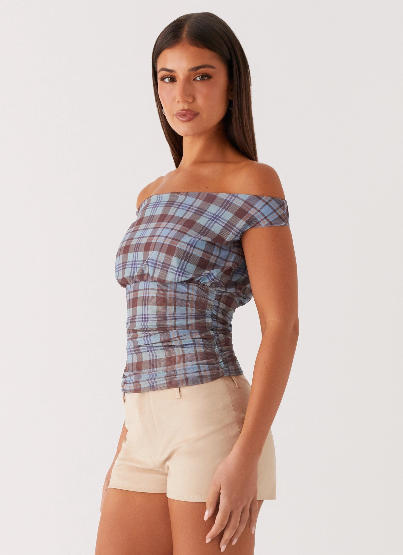 Zahli Off Shoulder Top - Shoreline Check DoubleStitched Hemming