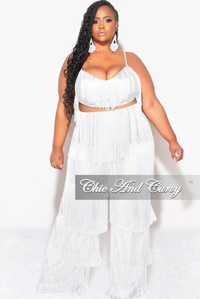 Final Sale Plus Size 2pc Fringe Layered Bra Top and Pants Set In White Soft and Stretchy Quick Adjust Fit