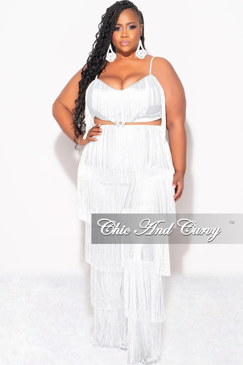 SturdyBeltLoops Machine washable Final Sale Plus Size 2pc Fringe Layered Bra Top and Pants Set In White