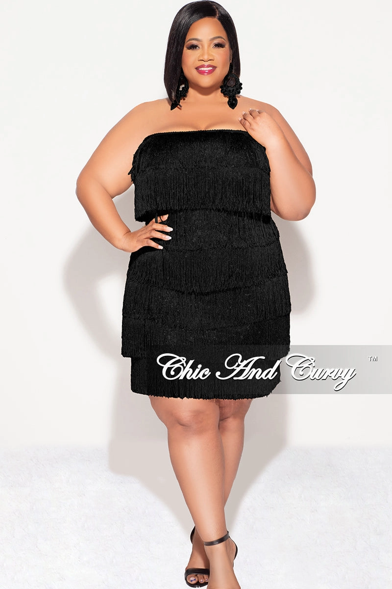 Final Sale Plus Size Strapless Fringe Dress in Black Erasable Surface Coating